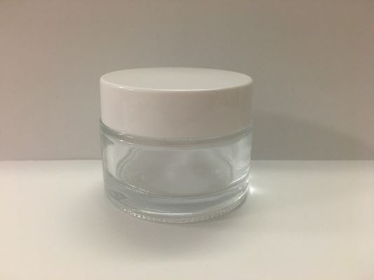 プラスチックふたが付いている円形のまっすぐなねじ帽子50gのガラス クリーム色の瓶