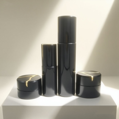 工場直送 30ml 50ml 100ml 120ml 化粧品ガラス ブラックラグジュアリー ラウンドローションポンプボトルとジャーセット-OEM