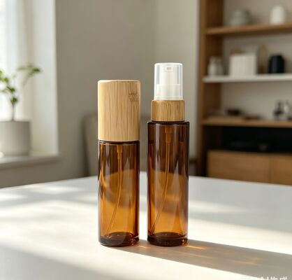30ml 50ml customed Color Glass Bottle Press Pump Type Bamboo Lid  for Cosmetics