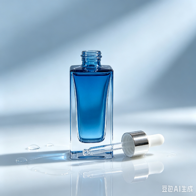 青い透明ガラスドロッパーボトル,厚底方角化粧水溶液オイル包装ボトルと白いゴムドロッパー