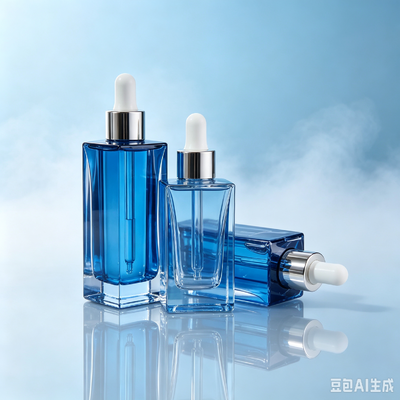 青い透明ガラスドロッパーボトル,厚底方角化粧水溶液オイル包装ボトルと白いゴムドロッパー