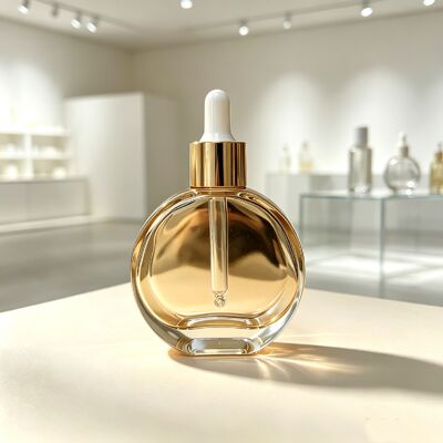 Luxury Flat Round Glass Bottle 30ml 60ml Dropper/pump Lotion Bottle Cosmetic Packaging Wholesale From Source Factory